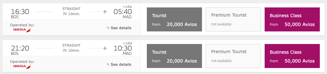 Iberia award booking BOS MAD