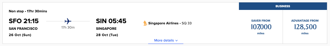 KrisFlyer award Singapore Airlines SFO SIN