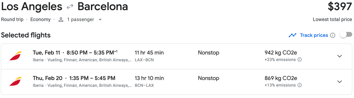 LAX BCN cash fare nonstop