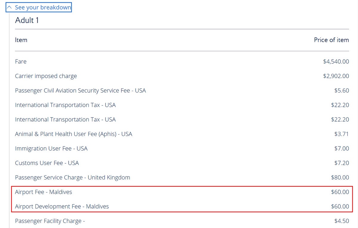 Maldives Fees in ticket