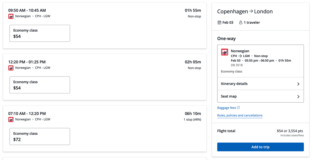 Norwegian Airlines Flight from Copehnagen to London on Chase Travel