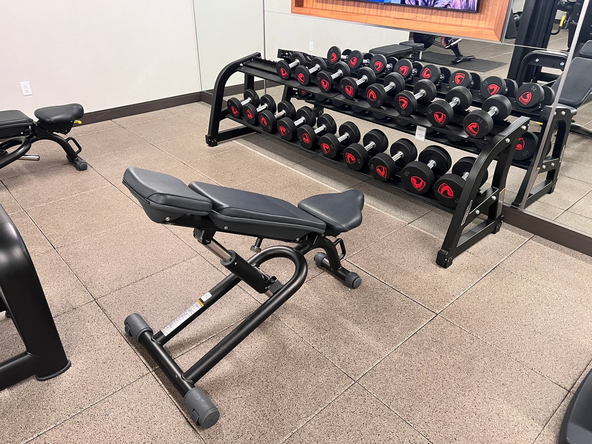 Rand Tower Hotel Minneapolis fitness center bench and dumbbells