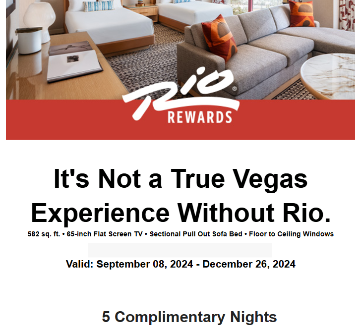 Rio Rewards 5 complimentary suite nights