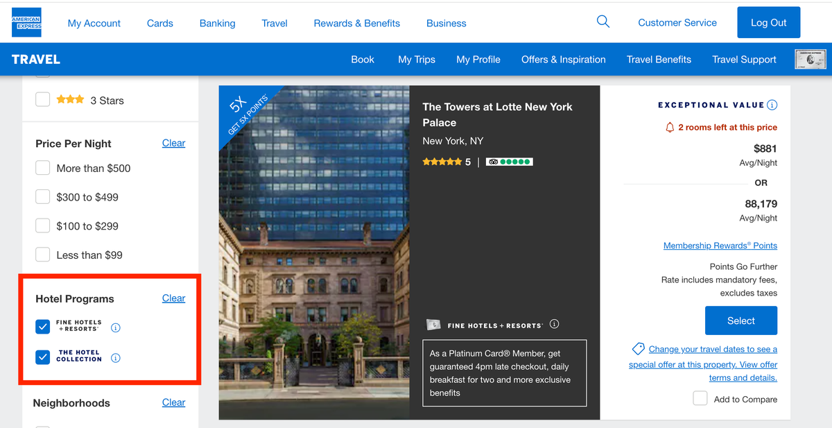 Search for Amex Fine Hotels Resorts and Hotel Collection