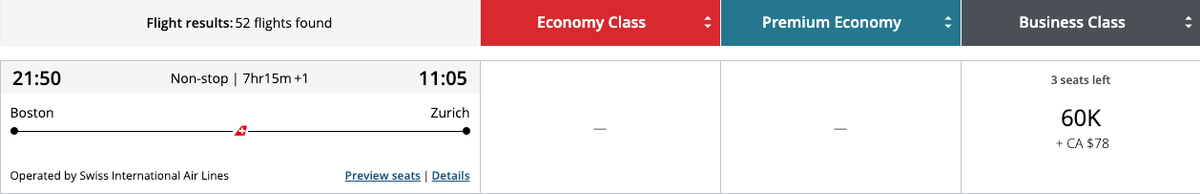 Seats.aero Aeroplan Swiss Airlines Award