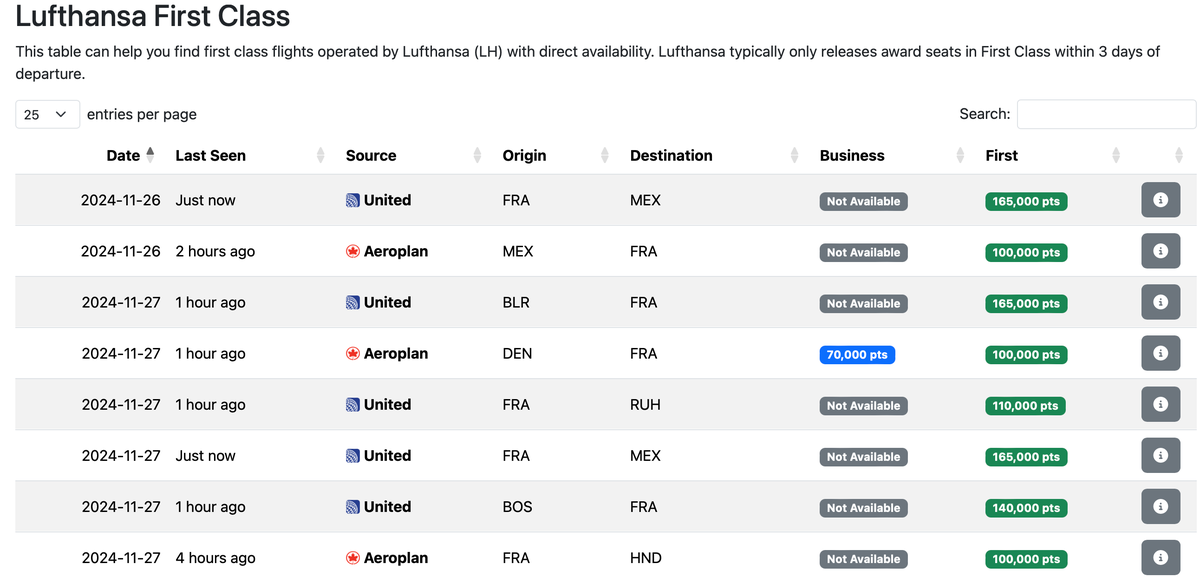 Seats.aero Lufthansa first class finder