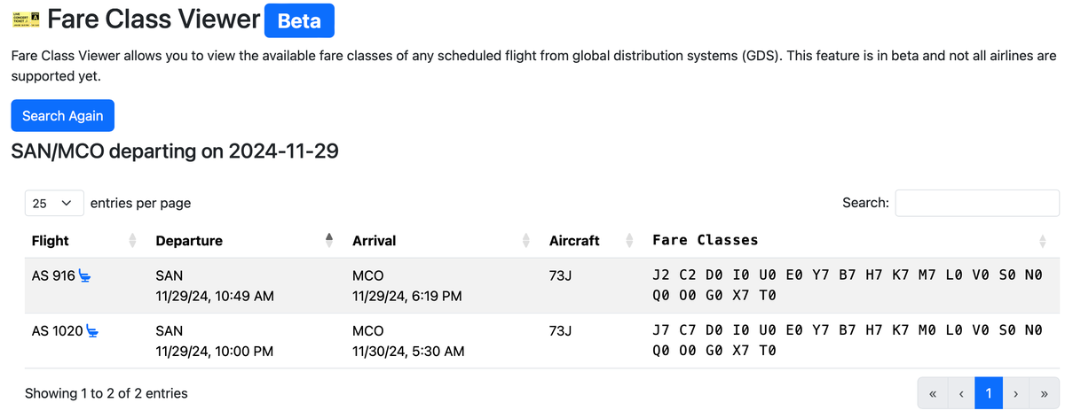 Seats.aero fare class finder