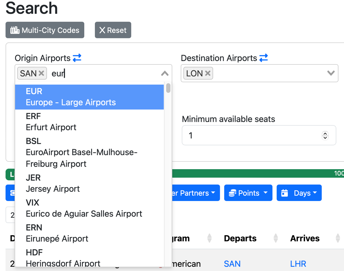Seats.aero multi city codes
