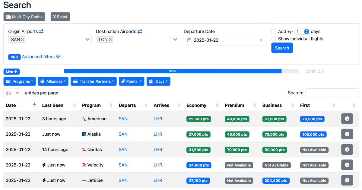 Seats.aero search results