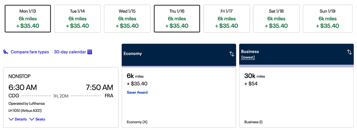 United Award Ticket from Paris to Frankfurt