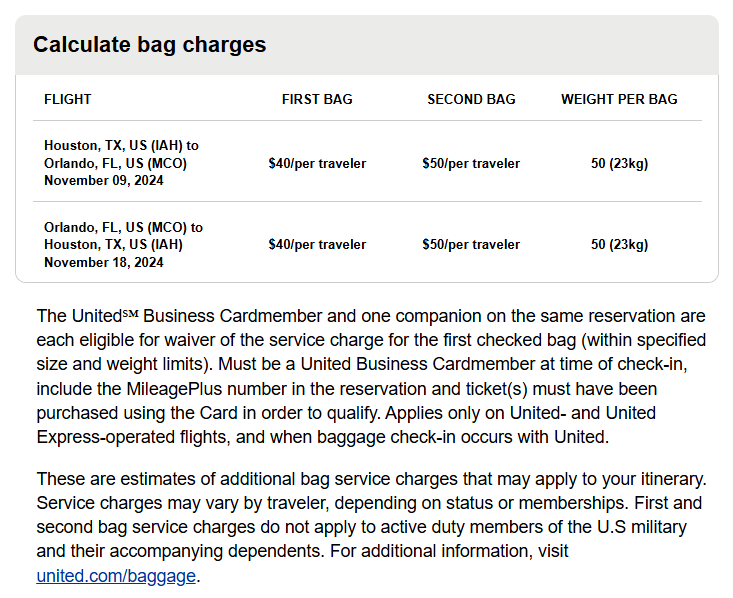 United IAH to MCO bag charges and cardholder waiver