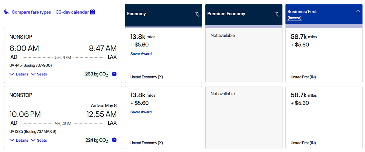 United award IAD LAX 112924 miles