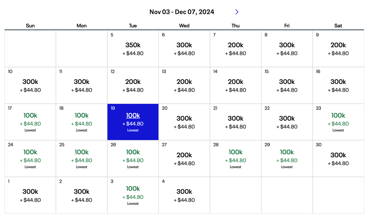 United award calendar LAX AKL Nov 2024