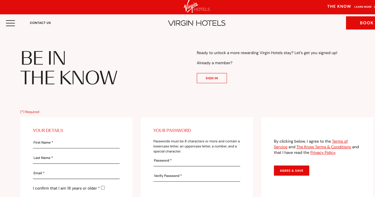 Virgin Hotels The Know Sign Up