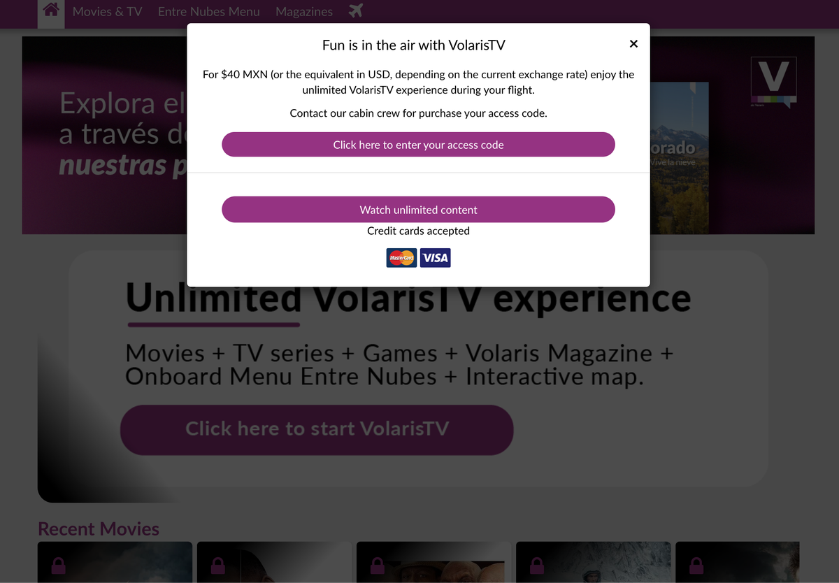 Volaris inflight entertainment cost