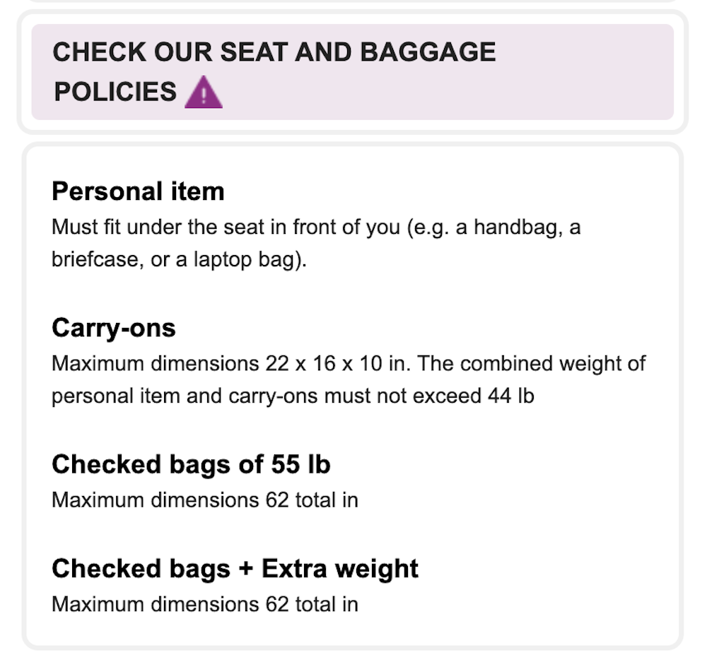 Volaris itinerary information carry on