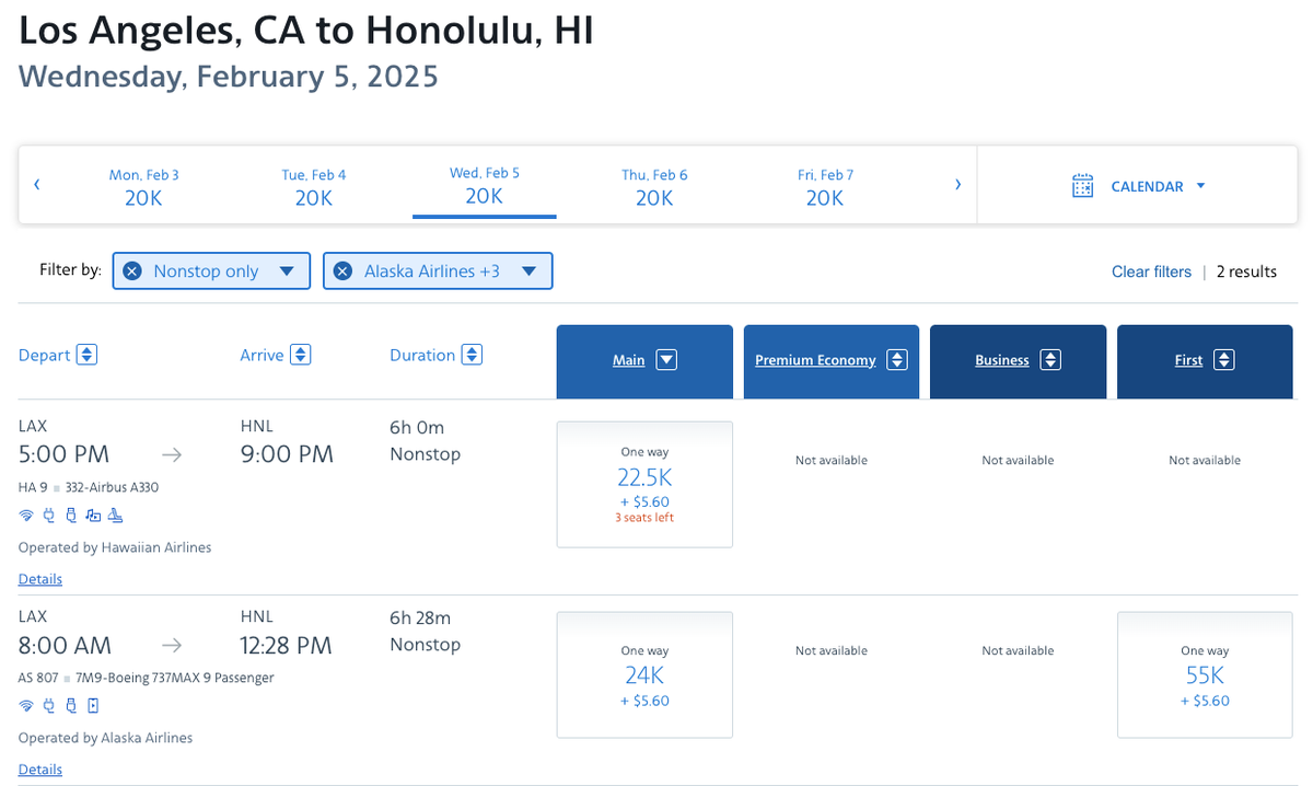 AAdvantage redemption Hawaiian Airlines LAX HNL Feb 2025