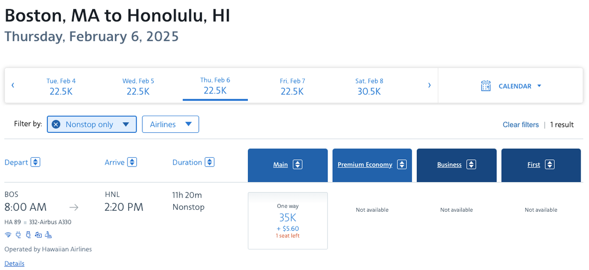 AAdvantage redemption Hawaiian Airlinse BOS HNL Feb 2025