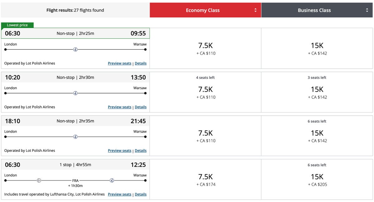 Aeroplan award london warsaw