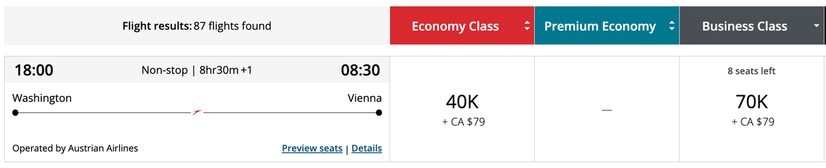 Aeroplan redemption IAD VIE on Austrian February 2025