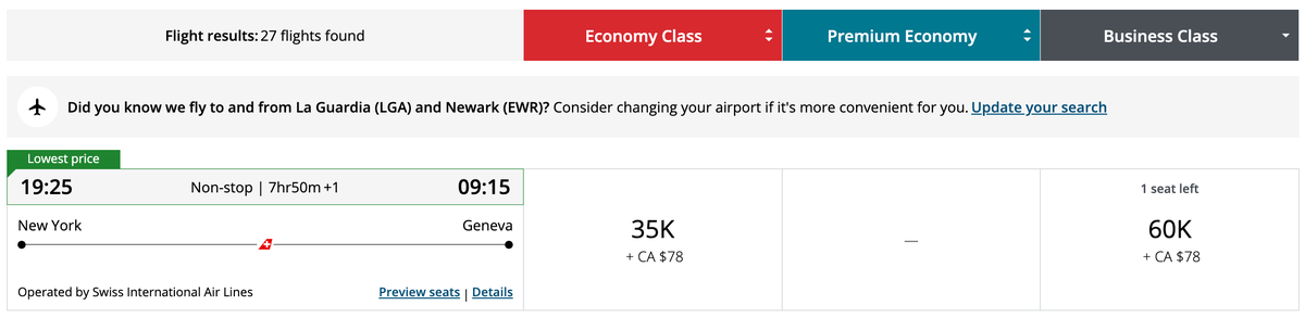 Aeroplan redemption JFK GVA on SWISS