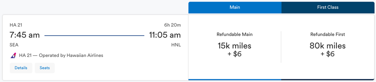 Alaska Airlines Award From SEA to HNL