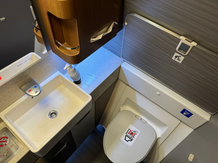 American Airlines B777 30 Business class bathroom top view American Airlines B777 30 Business class bathroom top view