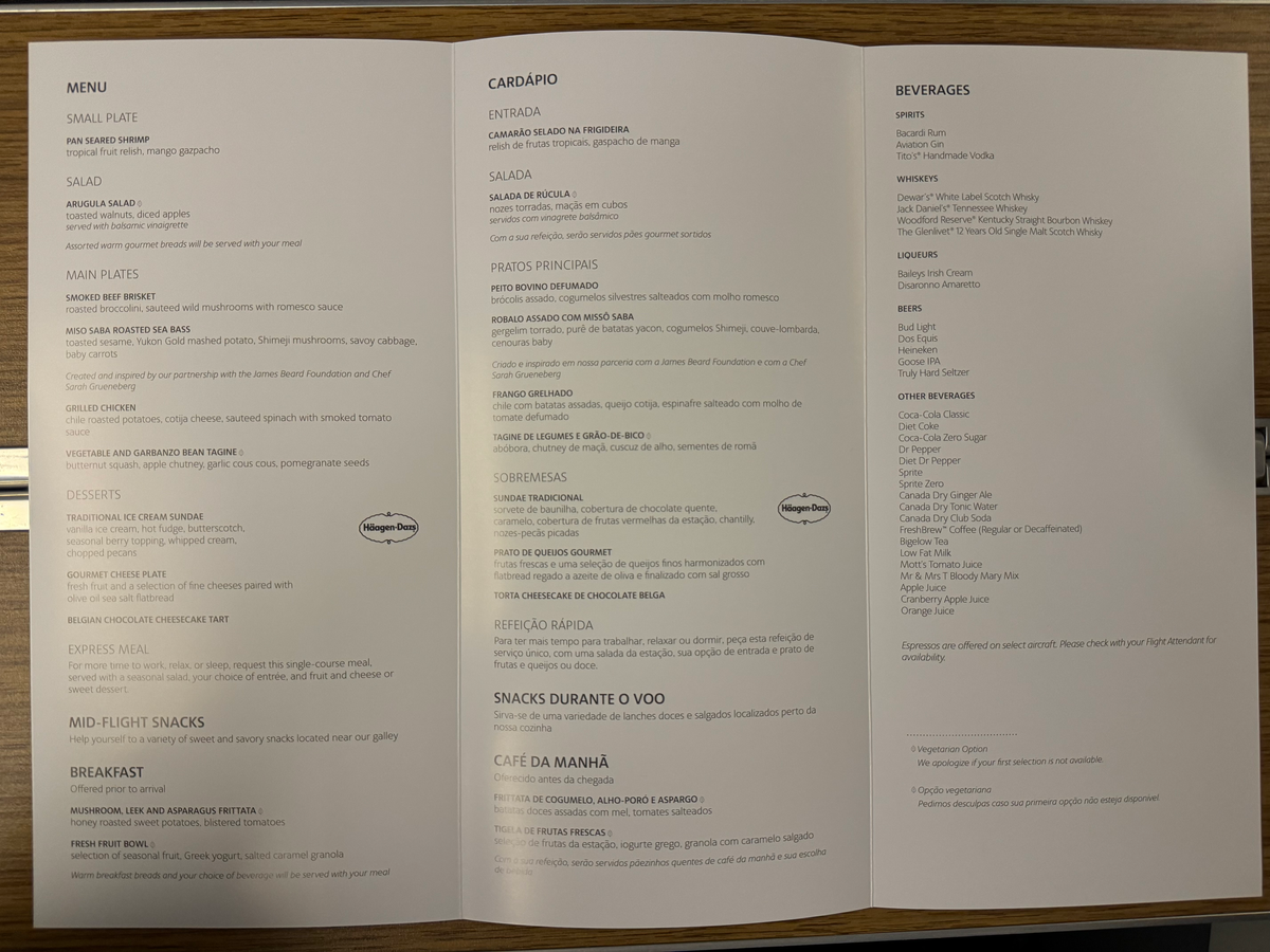 American Airlines B777 30 Business class menu