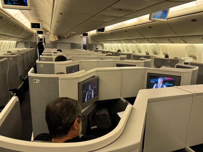 American Airlines B777 30 Business class seats back view American Airlines B777 30 Business class seats back view