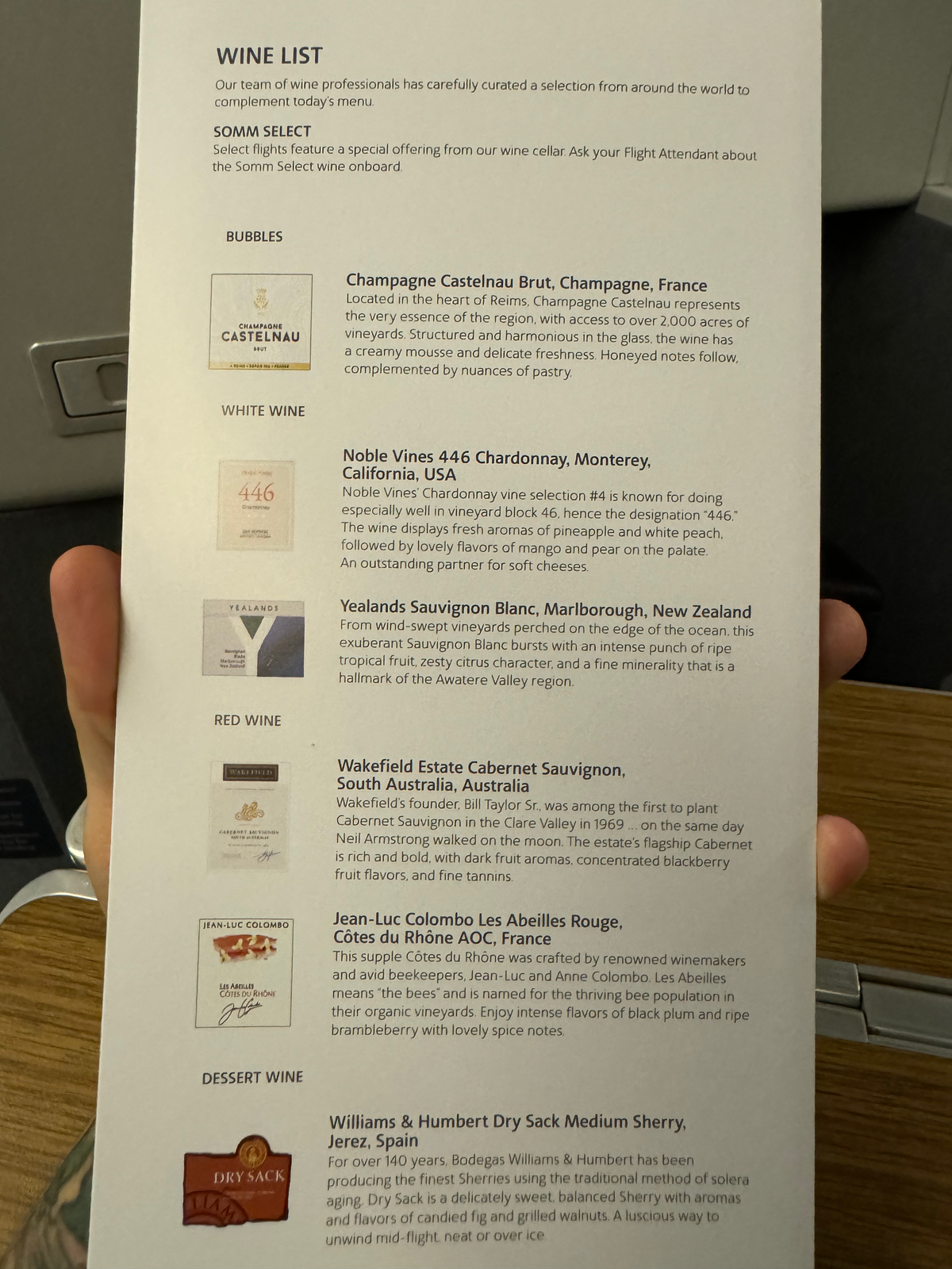 American Airlines B777 30 Business class wine list