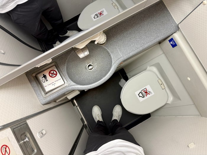 American Airlines economy bathroom from above Boeing 777