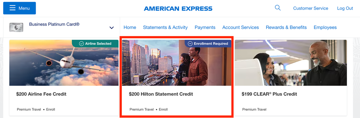 Amex Business Platinum card Hilton statement credit