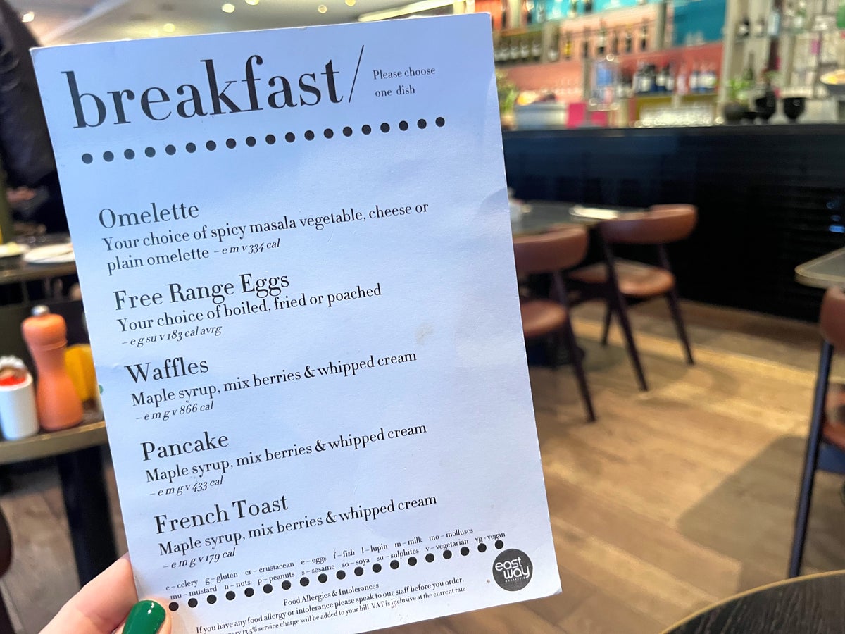 Andaz London Eastway Brasserie breakfast menu