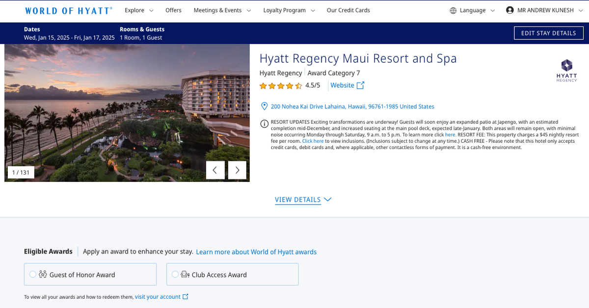 Applying A Club Access Award to a Hyatt Stay Online