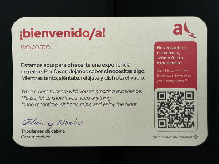 Avianca B787 8 Norwegian business welcome card