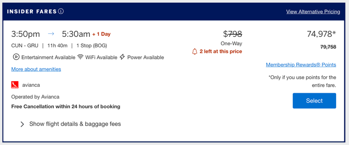 Avianca CUN BOG GRU business class price Amex Insider Fare