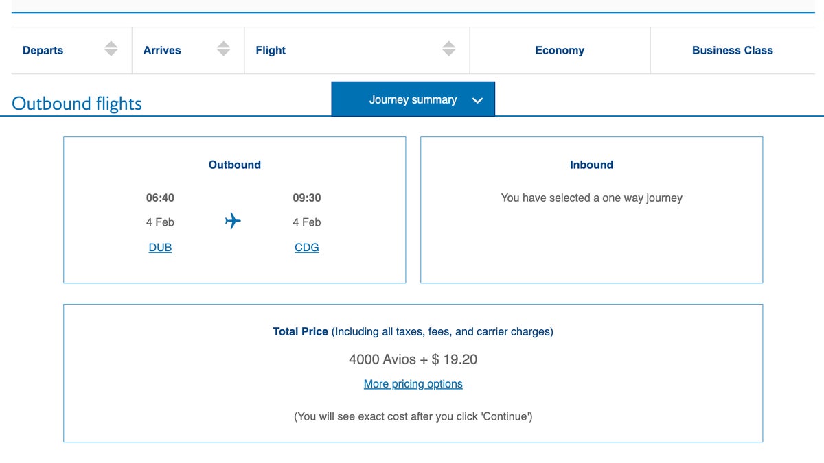 British Airways award flight Dublin to Paris on Aer Lingus