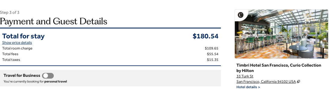 Cash cost Timbl SF Hilton