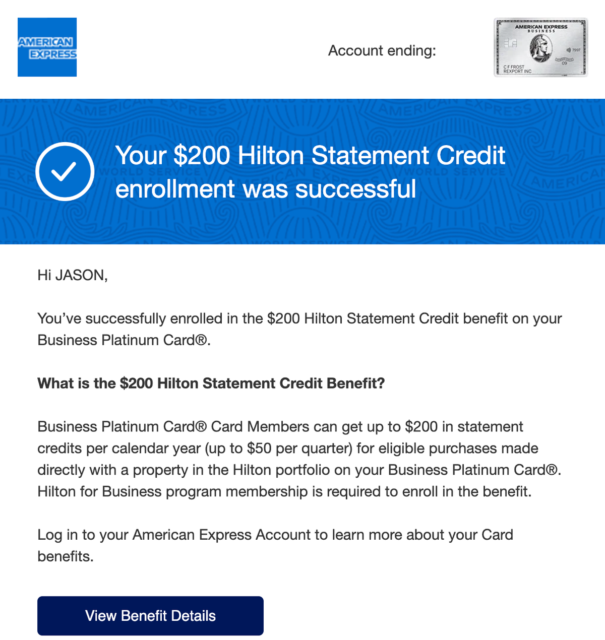 Confirmation email for Hilton benefit on the Amex Business Platinum card