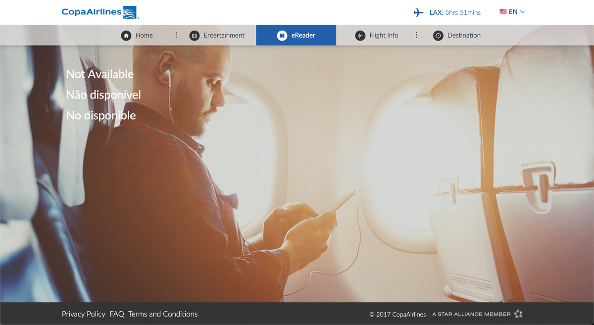 Copa Airlines PTY LAX entertainment ereader error