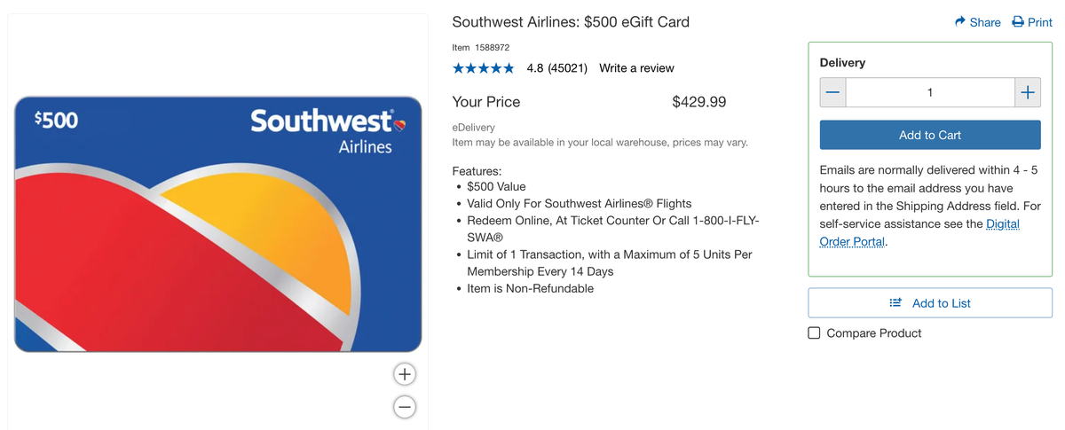 Costco Southwest gift card December 2024