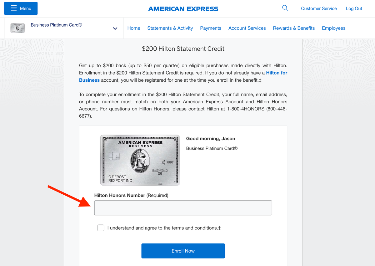 Enrolling in Amex Business Platinum Hilton benefit