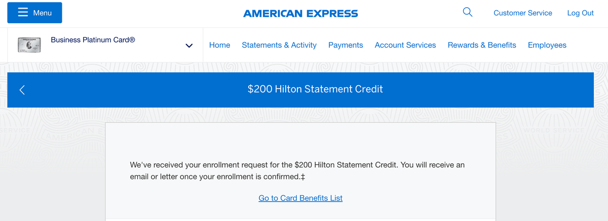 Final step of enrollment for Amex Business Platinum Hilton credit