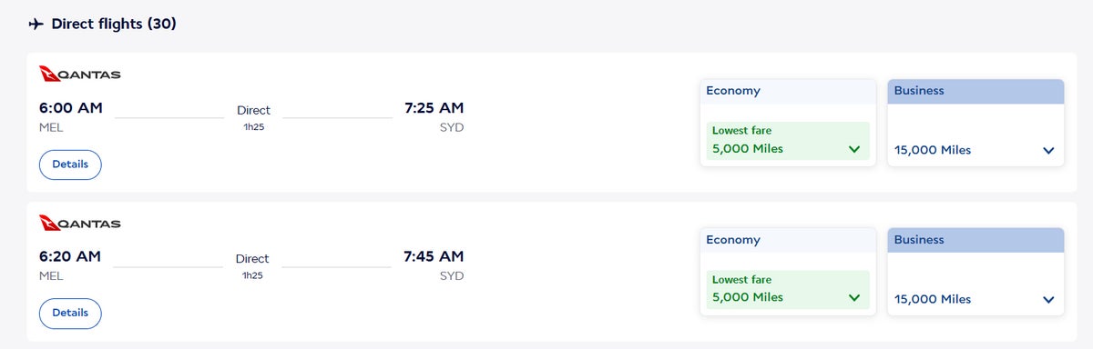 Flying Blue award prices MEL-SYD with Qantas