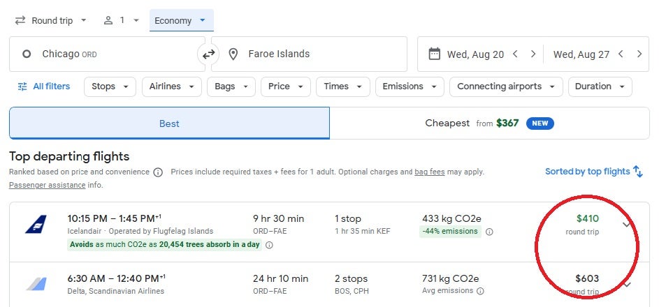 Google Flights Faroe Islands