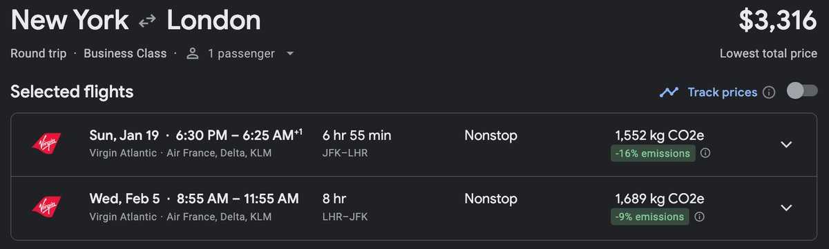 Google Flights cash fares JFK LHR