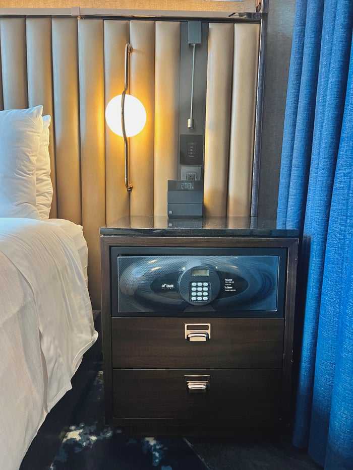 Hotel EMC2 Autograph Collection side table and safe Hotel EMC2 Autograph Collection side table and safe