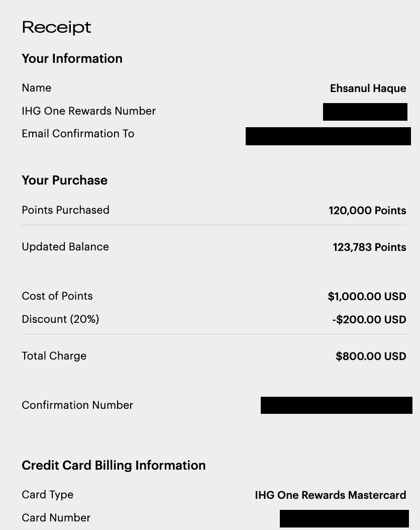 IHG status purchase points confirmation