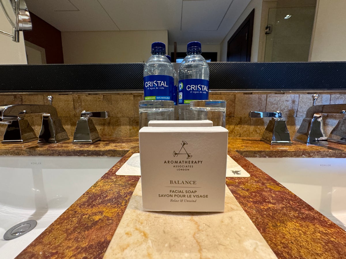 JW Marriott Bogota bathroom toiletries and water bottles 