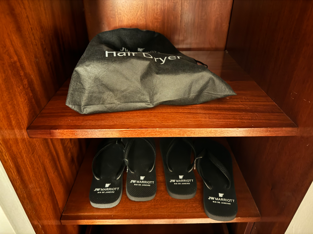 JW Marriott Hotel Rio de Janeiro bedroom closet hair dryer flip flops